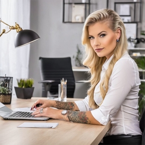 欧美白色衬衫纹身美女办公摄影图片